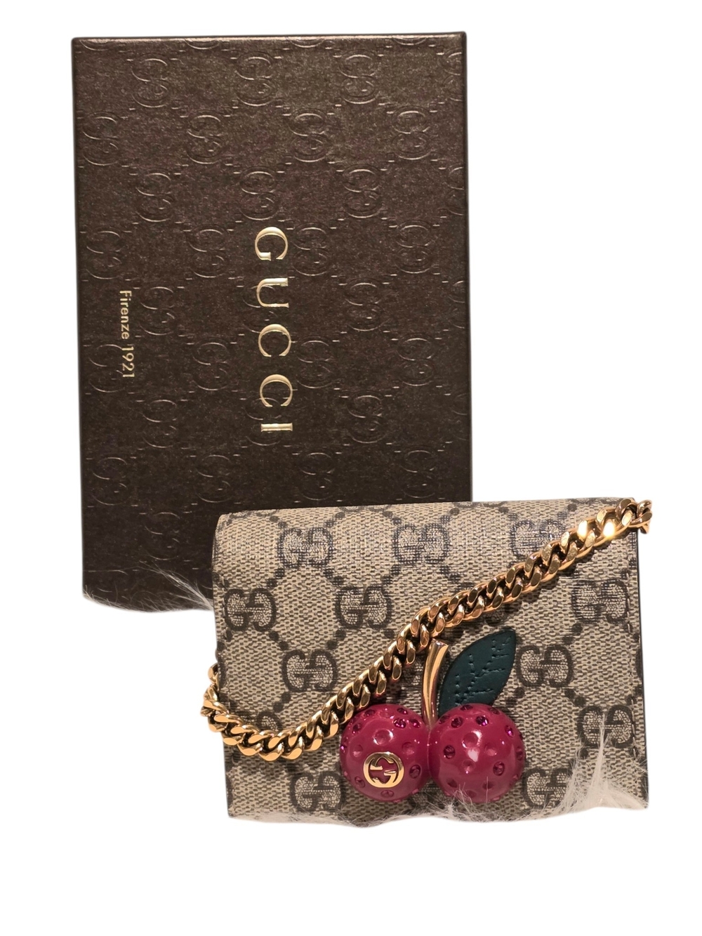 Gucci Cherry GG Supreme Mini Compact Wallet with Unbranded Chain Removable COA